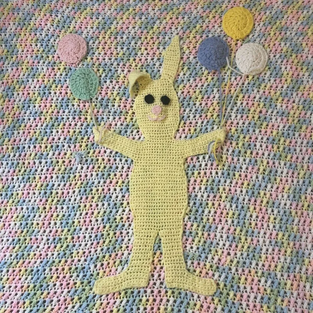 Infant Baby Blanket Handmade‎ Crochet Rainbow Pastel Bunny Balloons 52x38